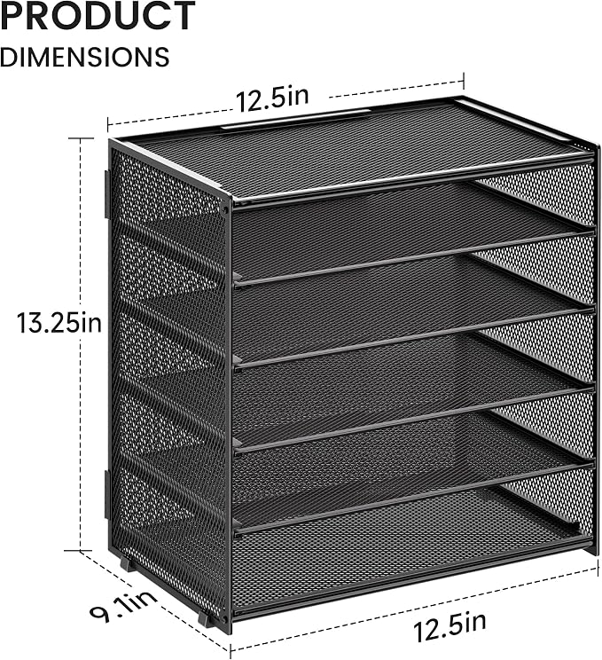 6 Trays Paper Organizer with Handle - Mesh Desk File/Letter Paper Sorter Organizer for Office, Home or School (Black with Closed top)