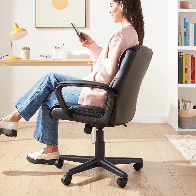 Amazon Basics Office Task Chair with Adjustable Height, 360° Swivel, Padded Armrests, Mid-Back, Rolling, 275 Pound Capacity, 24.2"D x 24"W x 34.8"H, Black Faux Leather