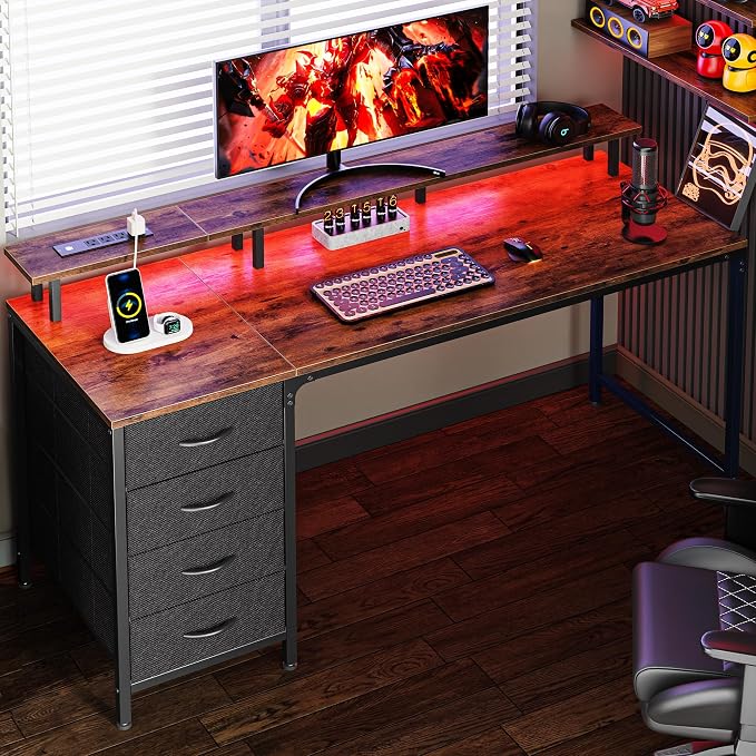 Huuger 55 Inch Computer Desk with Power Outlets and LED Lights, Gaming Desk with 4 Drawers, Office Desk with Monitor Stand, Study Work Home Office, Rustic Brown