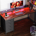 Huuger 55 Inch Computer Desk with Power Outlets and LED Lights, Gaming Desk with 4 Drawers, Office Desk with Monitor Stand, Study Work Home Office, Rustic Brown