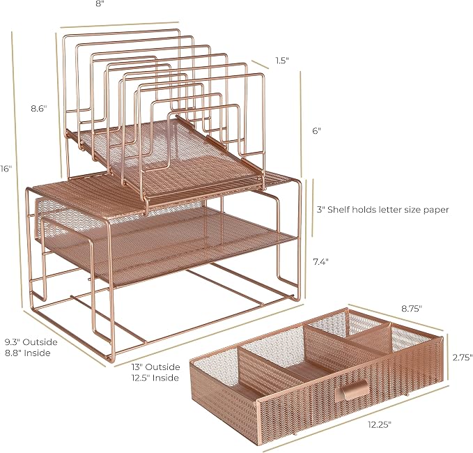 BLU MONACO Rose Gold Desk Organizer with Drawer | Metal Mesh Desktop Rack with File Sorters & Paper Storage | Space-Saving Workspace Organizer for Home Office, Cubicle, Kitchen or Dorm