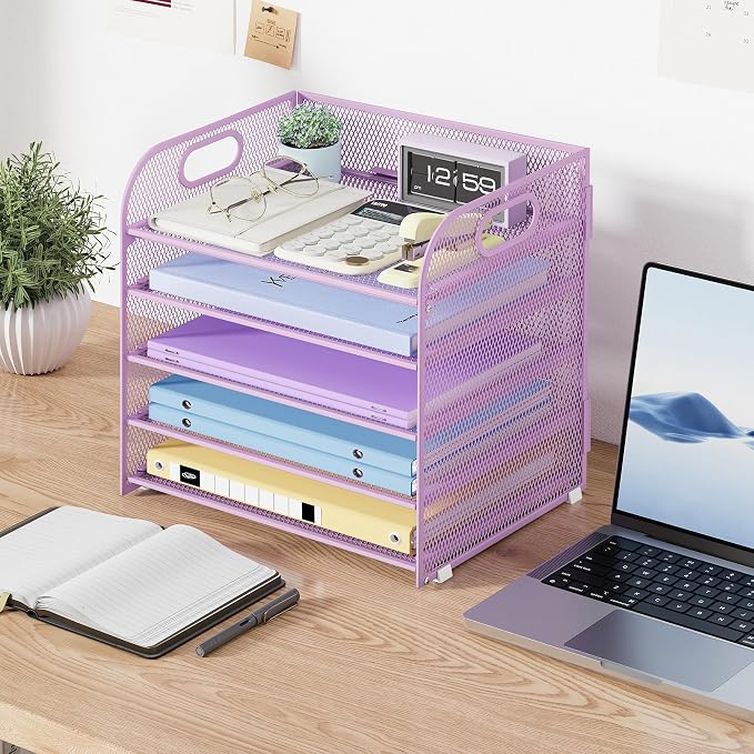 Cawukege 2 Pack 5 Tier Paper Organizer, Letter Tray with Handle, Mesh Desk Organizer, Metal File Organizer, Office Desk Accessories for Home, Office, Classroom, School -Purple