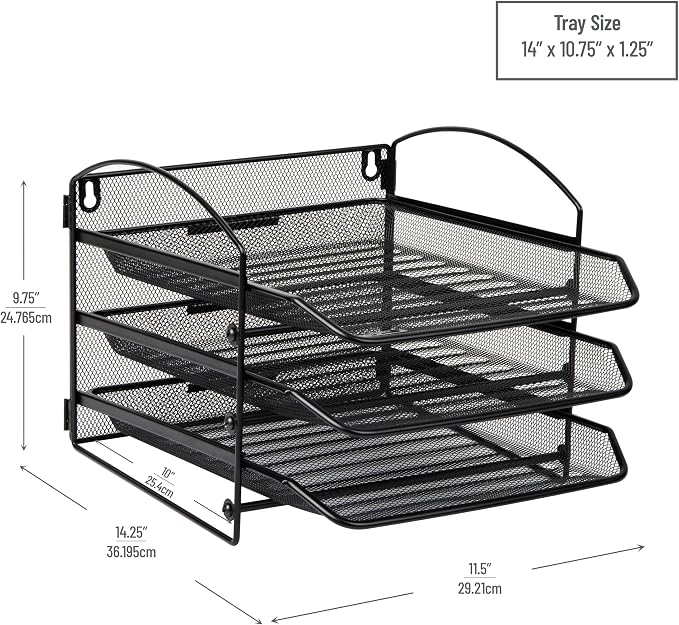 Mind Reader 3-Tier Paper Tray, File Storage, Desktop Organizer, Wall Mountable, File Organization, Metal Mesh, Black