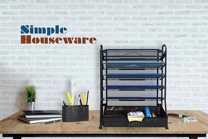 Simple Houseware 6-Tier Desk File Organizer w/Drawer & Pen Holder, Black | 5 Tilted Letter Trays for A4 Paper, Mail and Documents