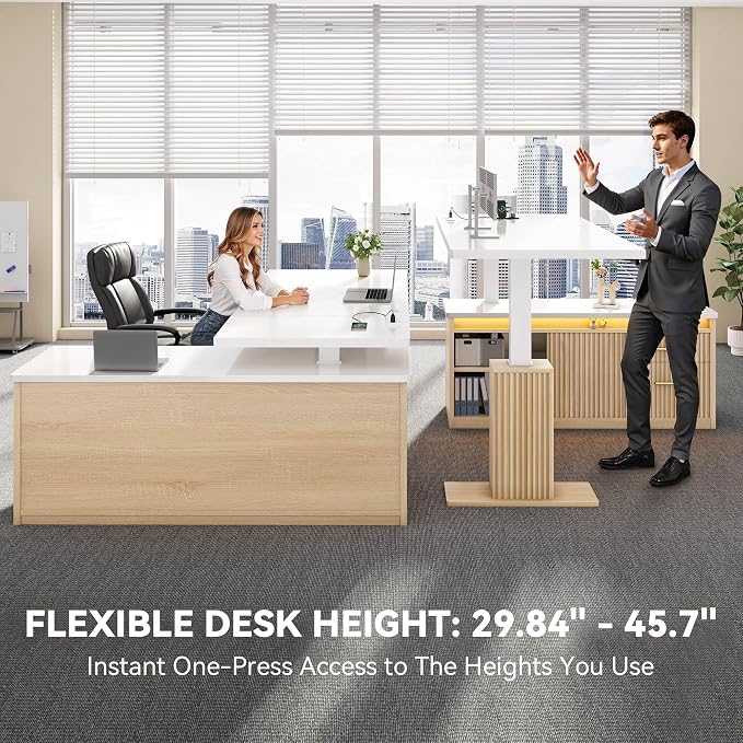YITAHOME L Shaped Standing Desk with Power Outlets & LED Lights, 63" Electric Standing Desk Adjustable Height Sit Stand Corner Standing Desks with Drawers & Sliding Door, High-Gloss White+Natural Oak