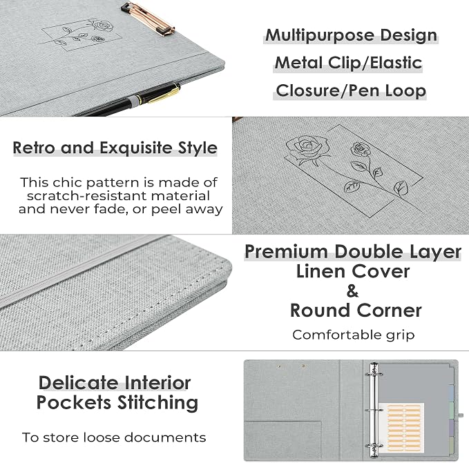 EYROZILL 3 Ring Binder 2 Inch, Binder for Letter Size (11" x 8.5") with 5 Tab Dividers, File Folder Labels and Low Profile Clipboards, Grey Rose
