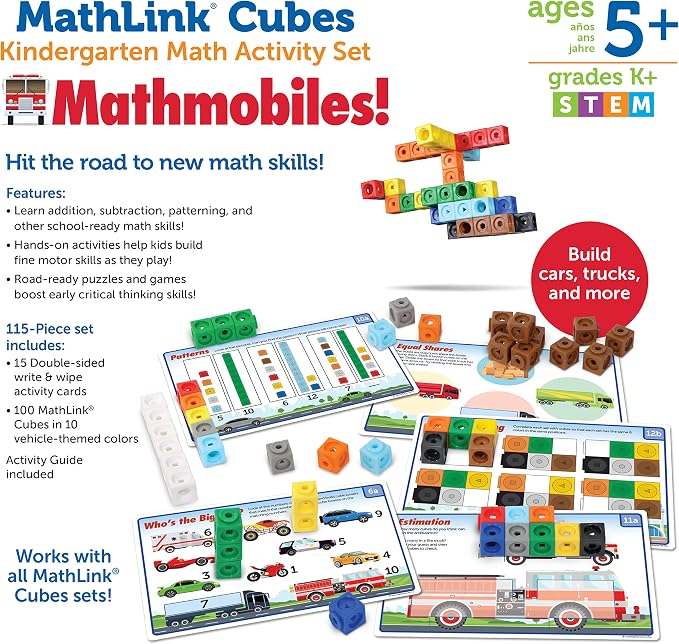 Learning Resources MathLink Cubes Kindergarten Math Activity Set: Mathmobiles 115 Pieces, Ages 5 and Up Kindergarten STEM Activities, Math Activity Set and Games for Kids
