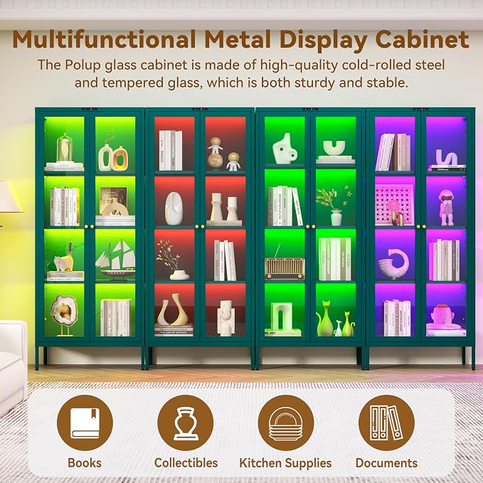 Polup 66" Green Glass Display Cabinet with 8-Color LED for Plants | Metal Frame & Tempered Glass Doors, Motion Sensor LED, 4-Tier Space, 3 Adjustable Shelves, for Indoor Plants & Figures