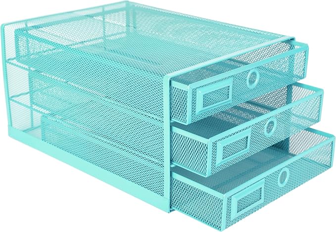 Annova Desk Organizer Wire Mesh 3 Tier Sliding Drawers Paper Sorter/Multifunctional/Premium Solid Construction for Letters, Documents, Mail, Files, Paper, Kids' Art Supplies (Turquoise)