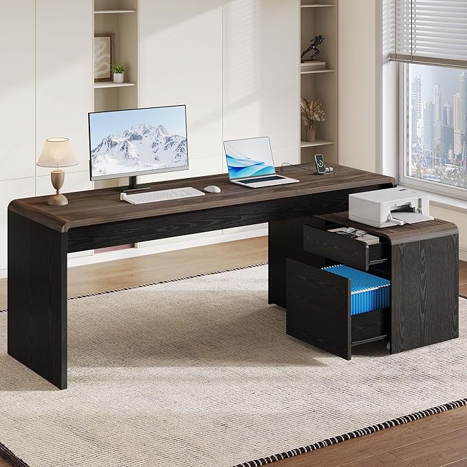 78" L-Shaped Executive Desk with Mobile File Cabinet, Black | Mid-Century L-Desk with Mobile File Cabinet, Drawers & Power Hub (4AC+2USB) Waterfall Edge. Large Workspace for Home Office
