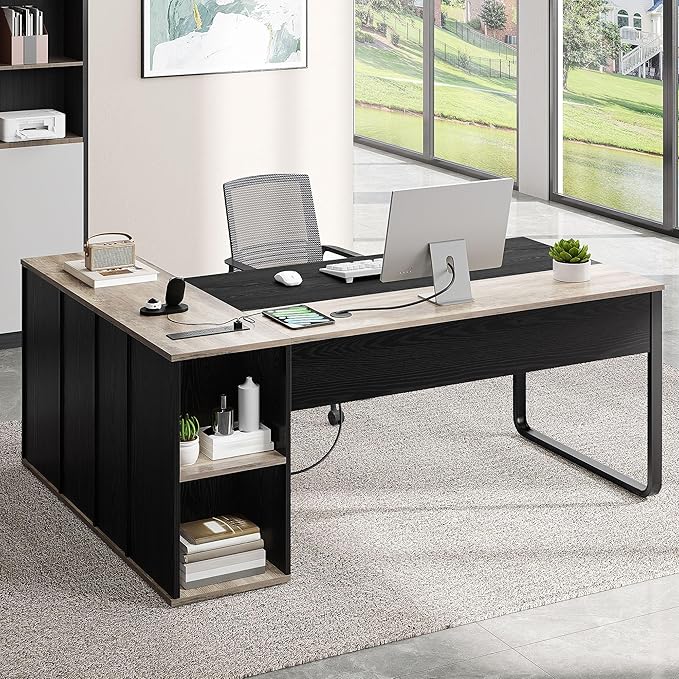 YITAHOME Executive Desk with Power Outlets | Power Outlets, File Cabinet, Drawers & Storage Shelves, Corner Office Desk with Bookshelf, For Home Office