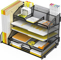 YINGHUA 5-Tier Mesh Desk Organizer and File Holder, Letter Tray - Black | Sturdy steel mesh with 3 sliding trays, 2 handles, 6 adjustable top sections. U-shaped design for easy access to office files