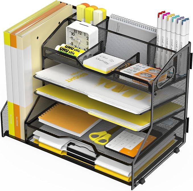 YINGHUA 5-Tier Mesh Desk Organizer and File Holder, Letter Tray - Black | Sturdy steel mesh with 3 sliding trays, 2 handles, 6 adjustable top sections. U-shaped design for easy access to office files