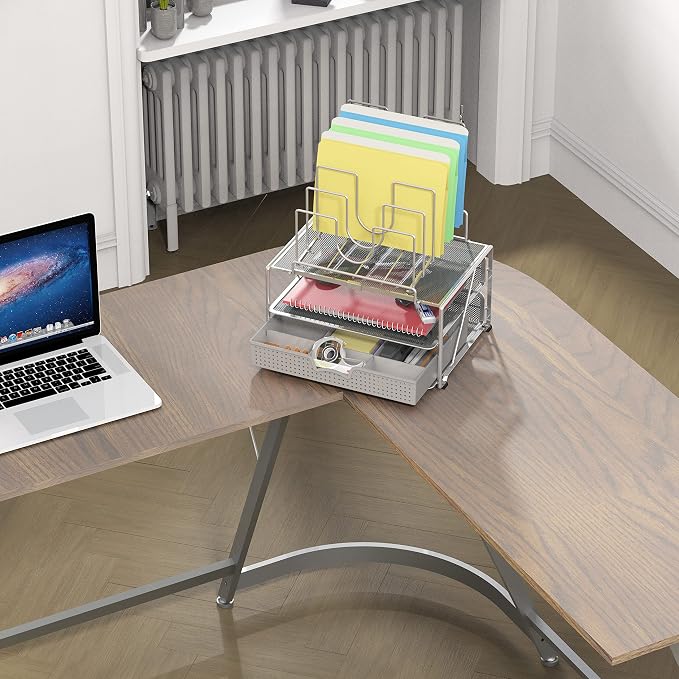 Deco Brothers Desktop File Organizer with Double Tray & 5 Folder Stand Gray | Sliding Drawer with Adjustable Dividers