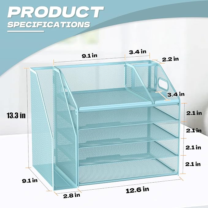 DocNest 5 Tier Metal Mesh Desk File Organizer with Phone Shelf, Blue | Desktop letter tray sorter features a 9.1x9.1 inch top phone holder, built-in sticky note compartment and pen holder