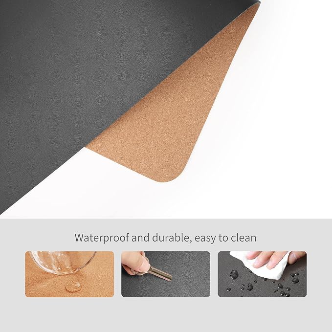 RENMTURE Dual-Sided Mouse Pad, Natural Cork & PU Leather Large Desk Pad for Office and Home Work, Desk Protector Non-Slip, Waterproof, Easy Clean (Black, 23.6" x 13.7")
