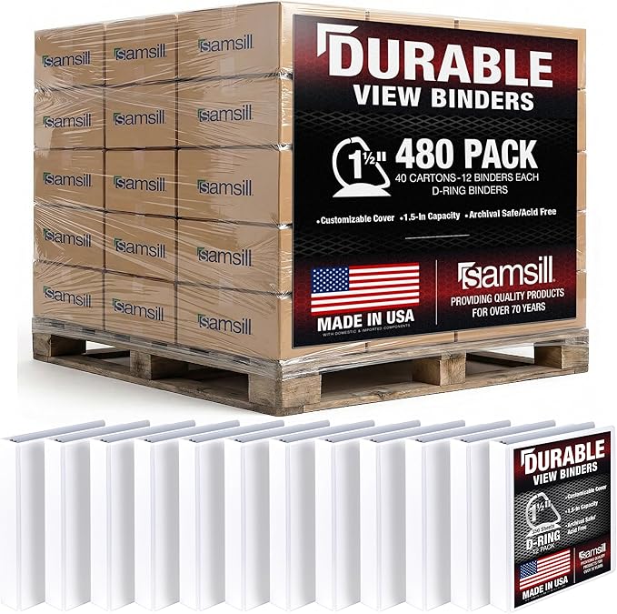 Samsill Durable 1.5 inch 3 Ring Binder, Made in USA, D Ring Binder, 100% Recycled Chipboard, White, Pallet of 480 Binders in 40 Cartons