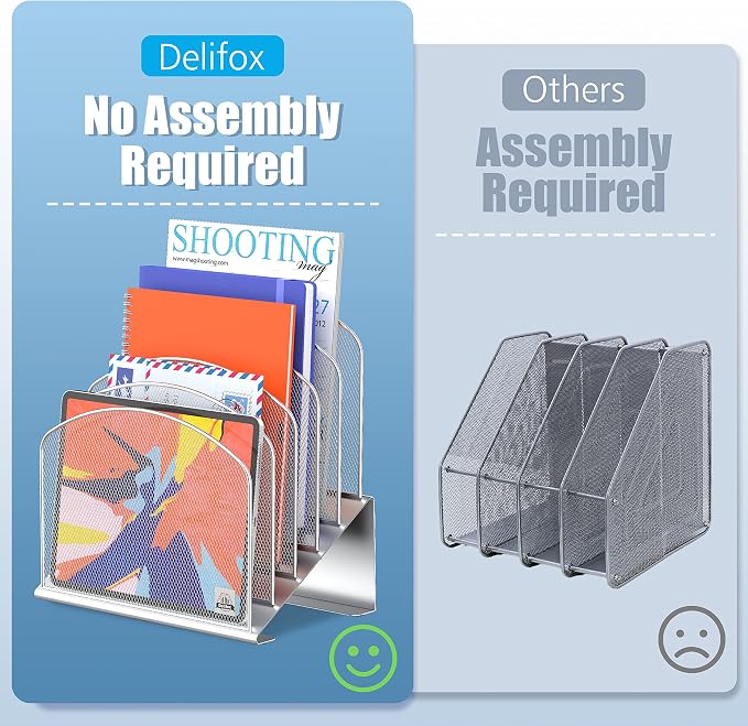 Delifox Inclined Desk File Organizer,Vertical File Folder Holder Stand Metal Rack File Sorter for Office Classroom Desktop Organization (1, Silver, 5)