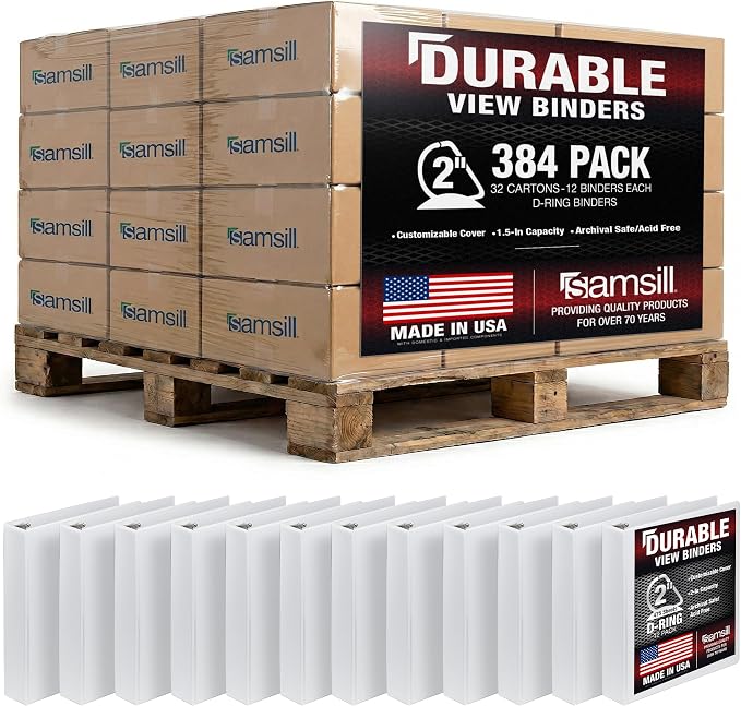 Samsill Durable 2 inch 3 Ring Binder, D Ring Binder, 100% Recycled Chipboard, White, Pallet of 384 Binders in 32 Cartons