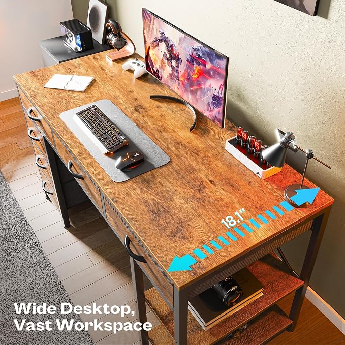 Huuger Computer Desk with 6 Drawers, Office Desk with Shelves, Reversible Gaming Desk, Corner Desk with Storage, Work for Home Office, Study, Living Room, 54inch, Rustic Brown