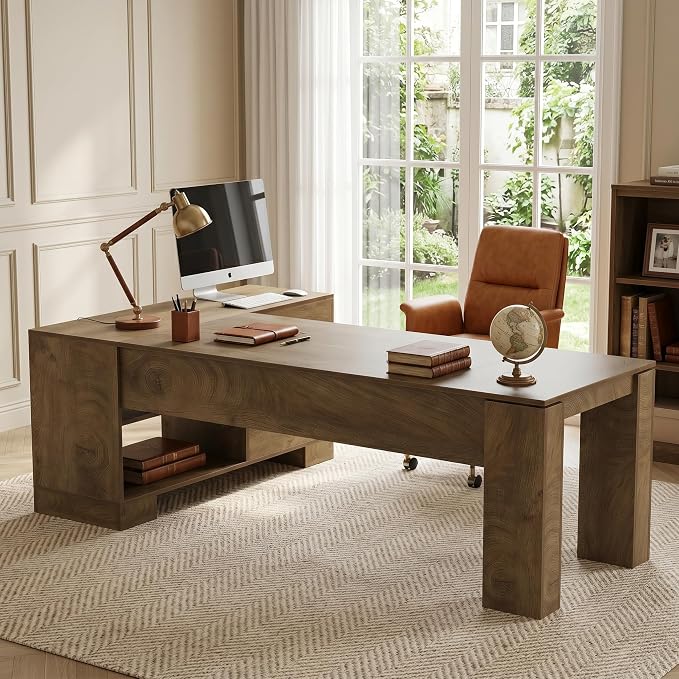 LITTLE TREE 78.7" L Shaped Office Desk with Drawers | Executive Computer Desk with Open Shelves Storage, Farmhouse Large Wooden L Desks Business Furniture, Brown