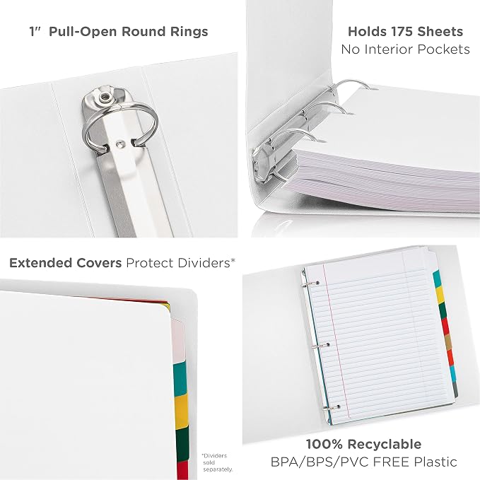 Premium Economy 3 Ring Binder, 1 Inch Pull-Open Round Rings, Holds 175 Sheets, Flexible, Lightweight, 4-Pack, Side Opening, White