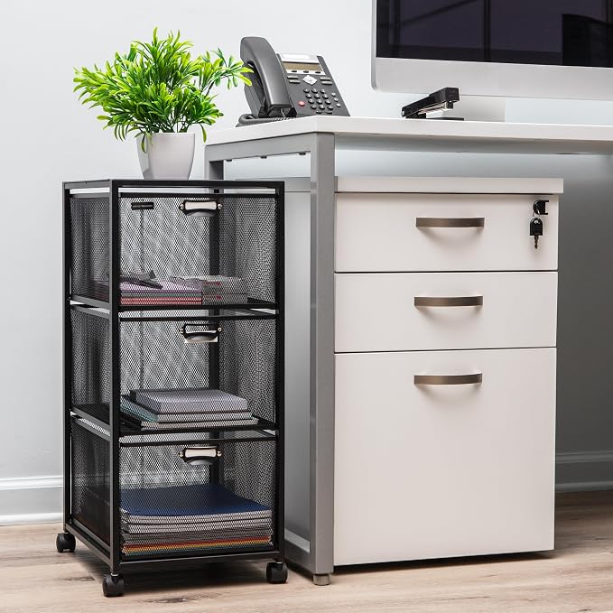 Mind Reader Office Storage Organizer with Mesh Drawers Label Holders and Optional Wheels, Metal Mesh, Black