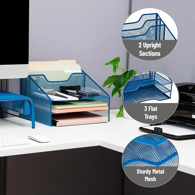 Mind Reader Metal Mesh Desktop File Organizer, 3-Tier Paper Tray with 5 Compartments, Office Mail Sorter, Turquoise