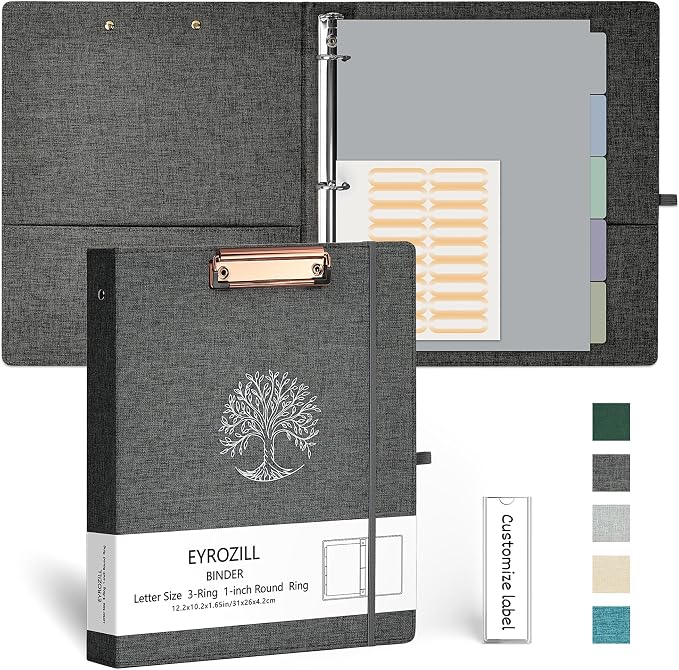 EYROZILL 3 Ring Binder, 1 Inch Linen Binder Organizer for Letter Size (8.5" x 11") with 5 Tab Dividers, File Folder Labels and Low Profile Clipboards, School and Office Supplies- Dark Grey