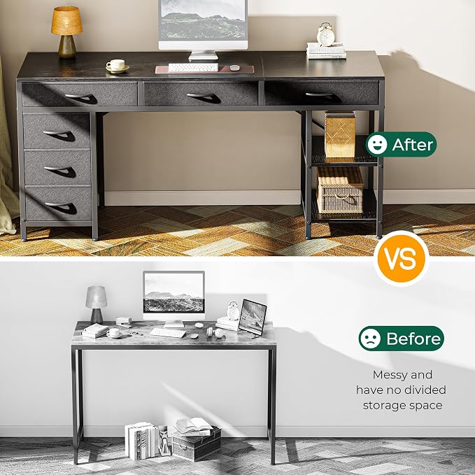 Huuger Computer Desk with 6 Drawers, Office Desk with Shelves, Reversible Gaming Desk, Corner Desk with Storage, Work for Home Office, Study, Living Room, 63inch, Black