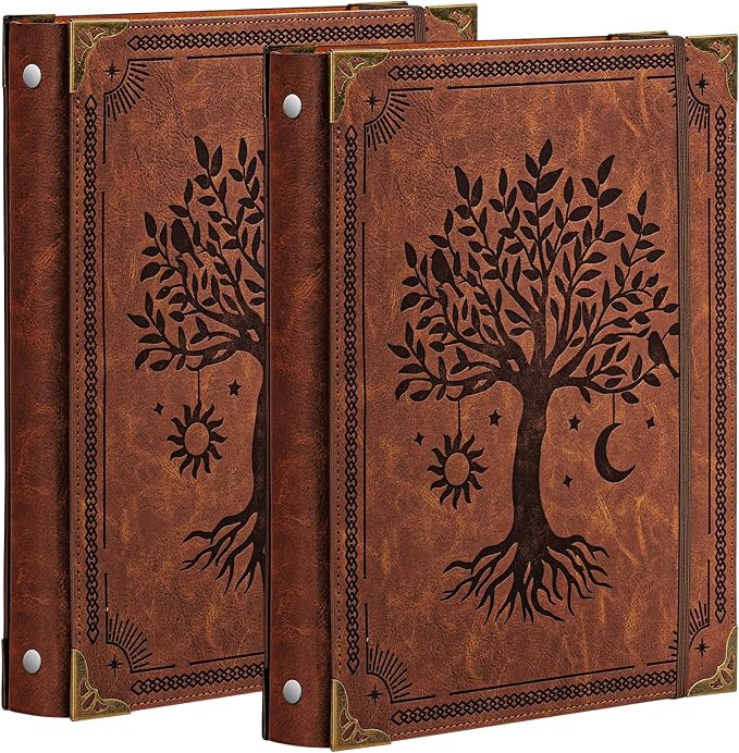 OVESMUSL 2 Pack PU Leather 3 Ring Binder, 1 Inch Brown Tree | Fits 8.5x11 letter paper, holds 200 sheets, loose leaf organizer