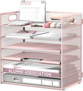 Daltack 6-Tier Paper Organizer for Desk with Handle, Pink | Sturdy Metal Mesh Organizer with Movable Middle Trays and a Carry Handle for Papers, Folders and Office Supplies