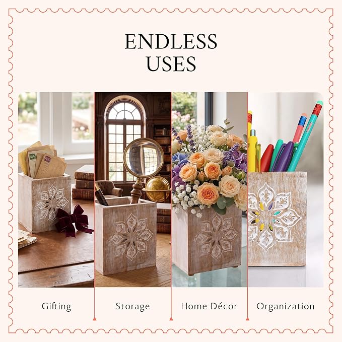 Serena Mango Wood Pen Holder - Whitewash, 4x3.5 in | Cute wooden pencil cup layout curated specifically to provide quick home desk organization and rustic office decor styling.