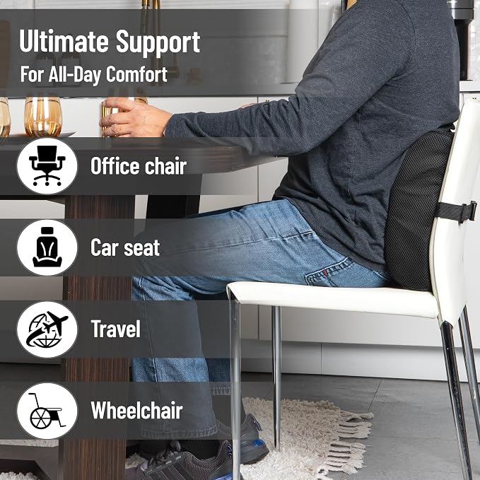 Mind Reader Lumbar Support Cushion with Air-Cloud Memory Foam, Ergonomic Lower Back Pillow for Office Chair and Car Seat, Black