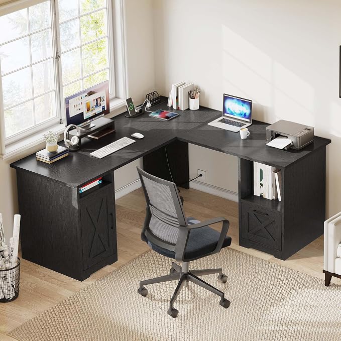 YITAHOME L Shaped Desk with Power Outlets | 60 Inch Computer Desk Corner Desk with File Drawer, Home Office Desk with Monitor Stand & Storage Shelves, L-Shaped Desk with
