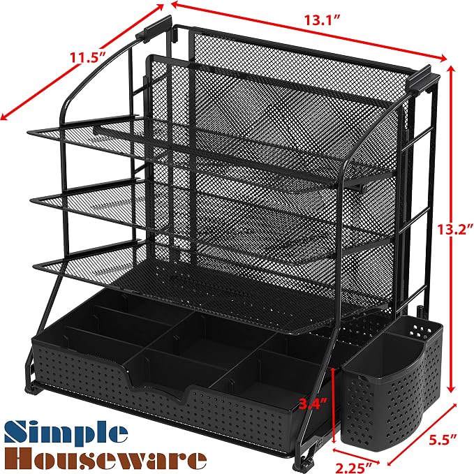Simple Houseware Desktop Document Tray Organizer with Sliding Drawer, Black | Includes Pen Bucket & Hanging File Section