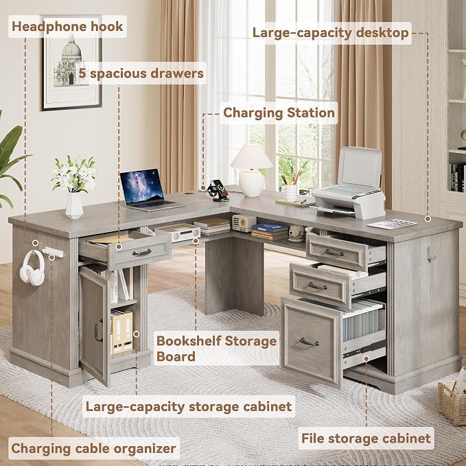 Farmhouse L Shaped Executive Desk with 4 Drawers, Home Office Desk with Hidden Under-Desk Storage Shelf and Charging Station, File Cabinet Storage, Wood Corner Computer Desk for Work and Study(Grey)