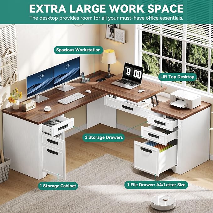 YITAHOME L Shaped Executive Desk with Lift Top & Drawers | Lift Top & Drawers, Farmhouse Corner Computer Desk, Power Outlets, Carved Design Wood, Storage Cabinet