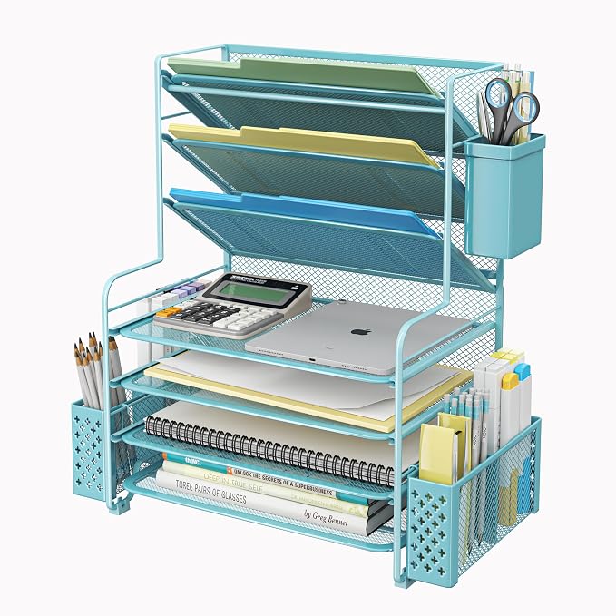 Simple Trending 7 Tier Desk File Organizer, Letter Tray Paper Organizer with Pen Holder and Metal Hanging Basket, Blue