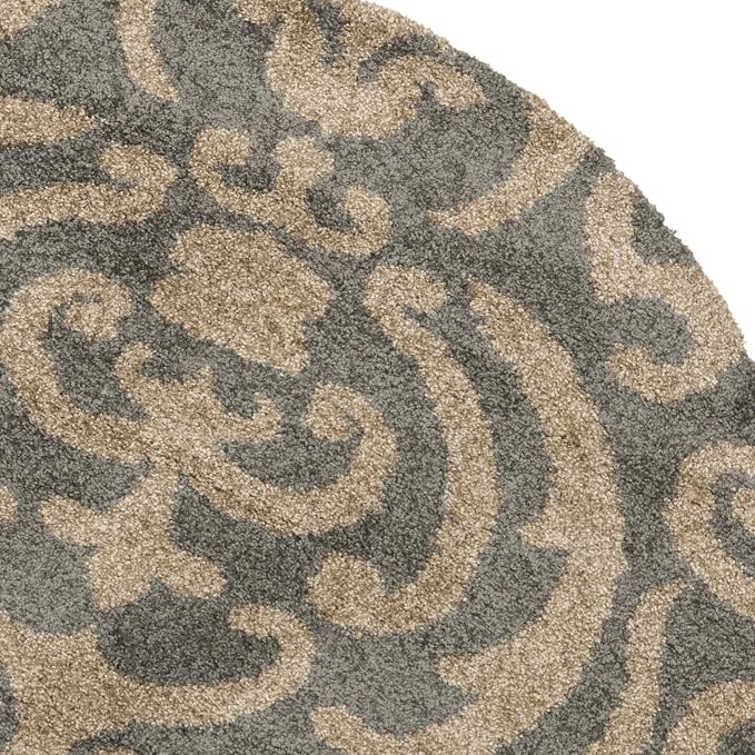 SAFAVIEH Florida Shag Collection 4' x 4' Round Grey/Beige SG462 Damask Non-Shedding Living Room Bedroom Dining Room Entryway Plush 1.2-inch Thick Area Rug