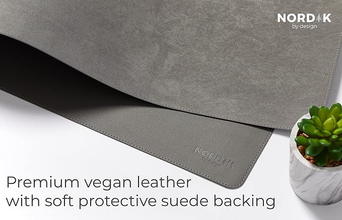 Nordik Leather Desk Mat - Alaskan Gray - Large Leather Desk Pad (35x17 in) | Premium Vegan Leather Desk Pad with Cable Organizer, Giftable, Extended Waterproof Mouse Mat, Non-Slip Desk Pad Protector