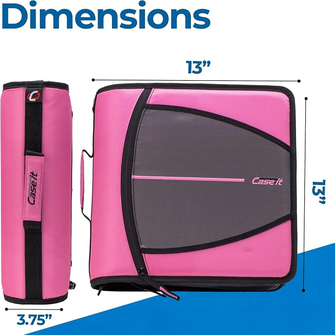 Case-it School Zipper Binder | 3" O-Rings | 600-Sheet | D-146 Light Pink | Mighty Zip Tab, 5-Color Tab Expanding File Folder, Shoulder Strap, Handle, Office