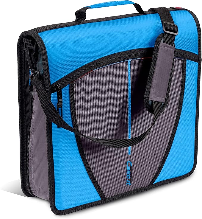 Case-it School Zipper Binder | 3" O-Rings | 600-Sheet | D-146 Denim Blue | Mighty Zip Tab, 5-Color Tab Expanding File Folder, Shoulder Strap, Handle, Office