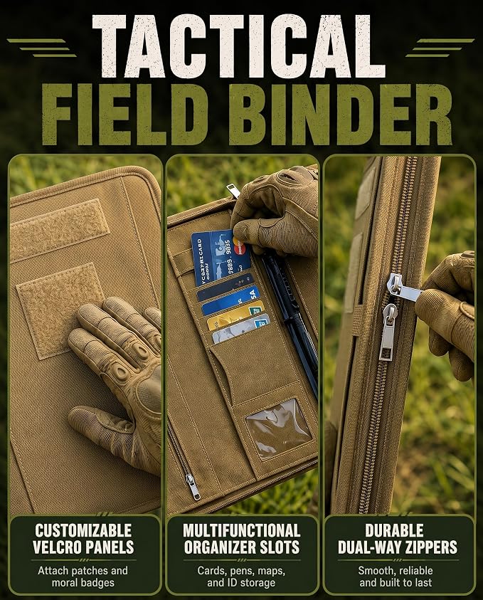 Tactical Padfolio, Detachable 3-Ring Binder with Zipper | Multi-pocket nylon organizer with carry handle, 40 letter-size sheets, pen and compass for field work, office and school
