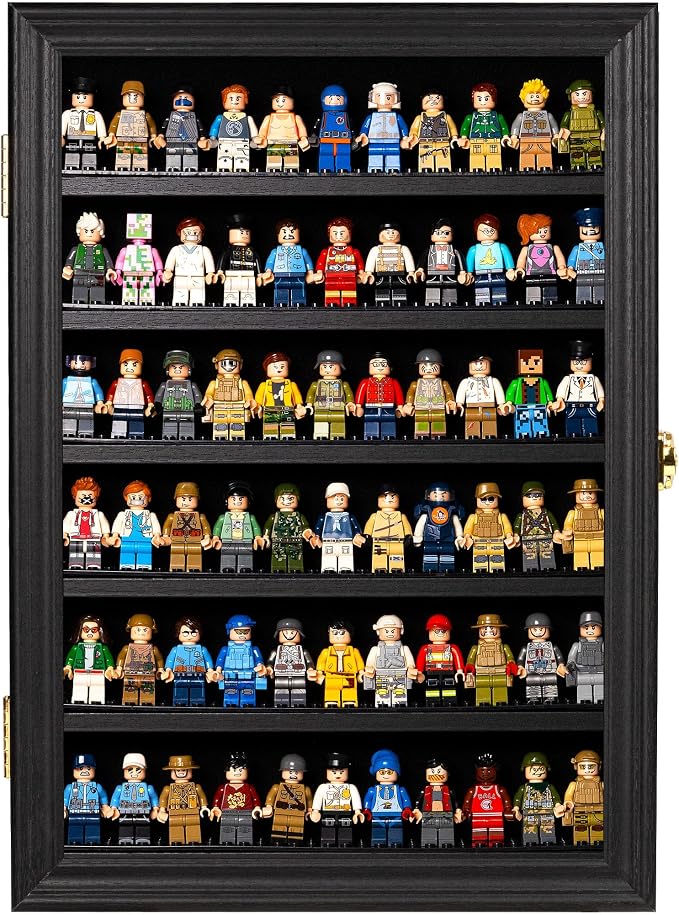 Minifigure Display Case - Building Block Toy Wall Cabinet Showcase for Small Miniature Collectibles Mini Brands Thimbles, 2.25" Height Shelf Lockable UV Protection Door (Small - Black Frame)