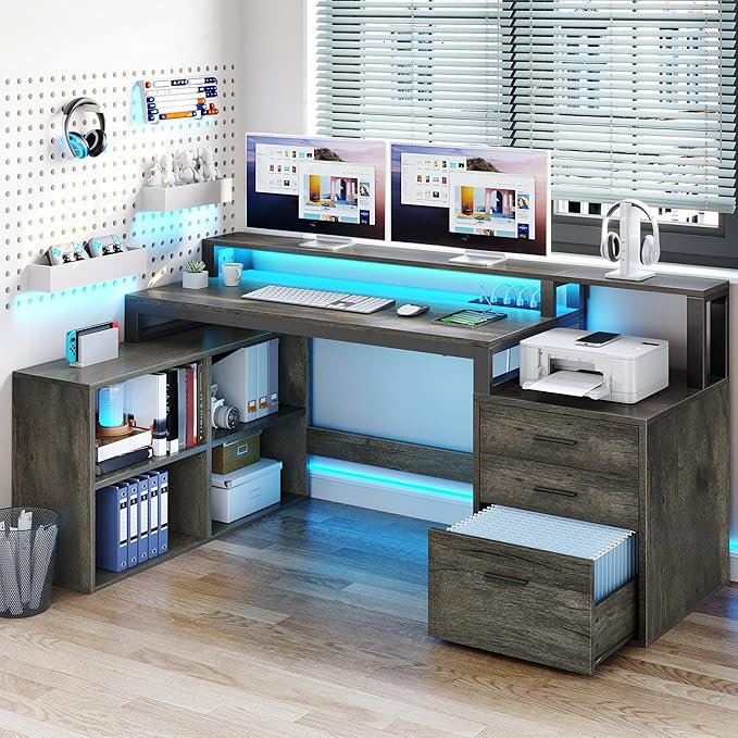 YITAHOME L Shaped Desk with 3 Drawers | 3 Drawers, Power Outlets & LED Lights, File Cabinet & Printer Stand, For Home Office
