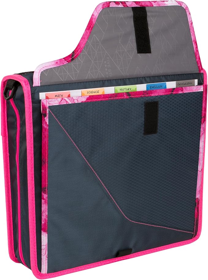 Five Star Zipper Binder, 3 Inch 3-Ring Binder with D Rings, Removable Padded Case, 5-Tab Expanding File and Multi-Use Strap, 850 Sheet Capacity, Navy/Pink (292960D)