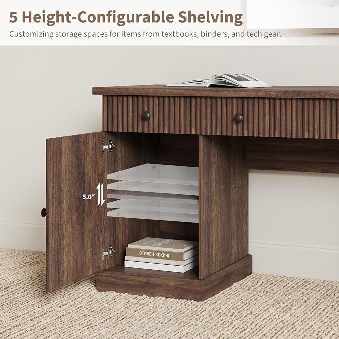 Garvee 60" Office Desk with Storage & Drawers for Home Office, Brown | Fluted Wood Executive Desk with File Drawer & Charging Station, Modern Computer Desk with Adjustable Shelves