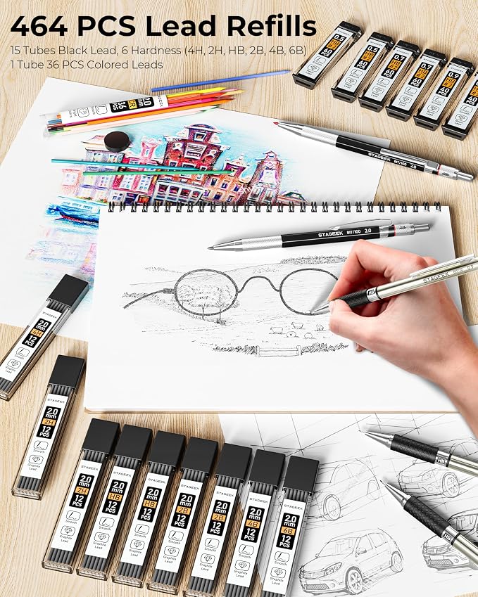STAGEEK Mechanical Pencil Set with Leather Bag 30 Count, Drawing Pencils 0.5, 0.7, 0.9MM & 3PCS 2MM Sketching Pencils with 464PCS Lead Refills (6B 4B 2B HB 2H 4H Color) for Artist Drafting Drawing