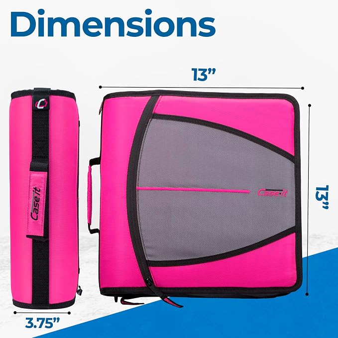 Case-it School Zipper Binder | 3-Inch O-Rings | 600-Sheet | D-146 Magenta | Mighty Zip Tab, 5-Subject Expanding File Folder, Multiple Pockets, Storage Organizer, Shoulder Strap, Office